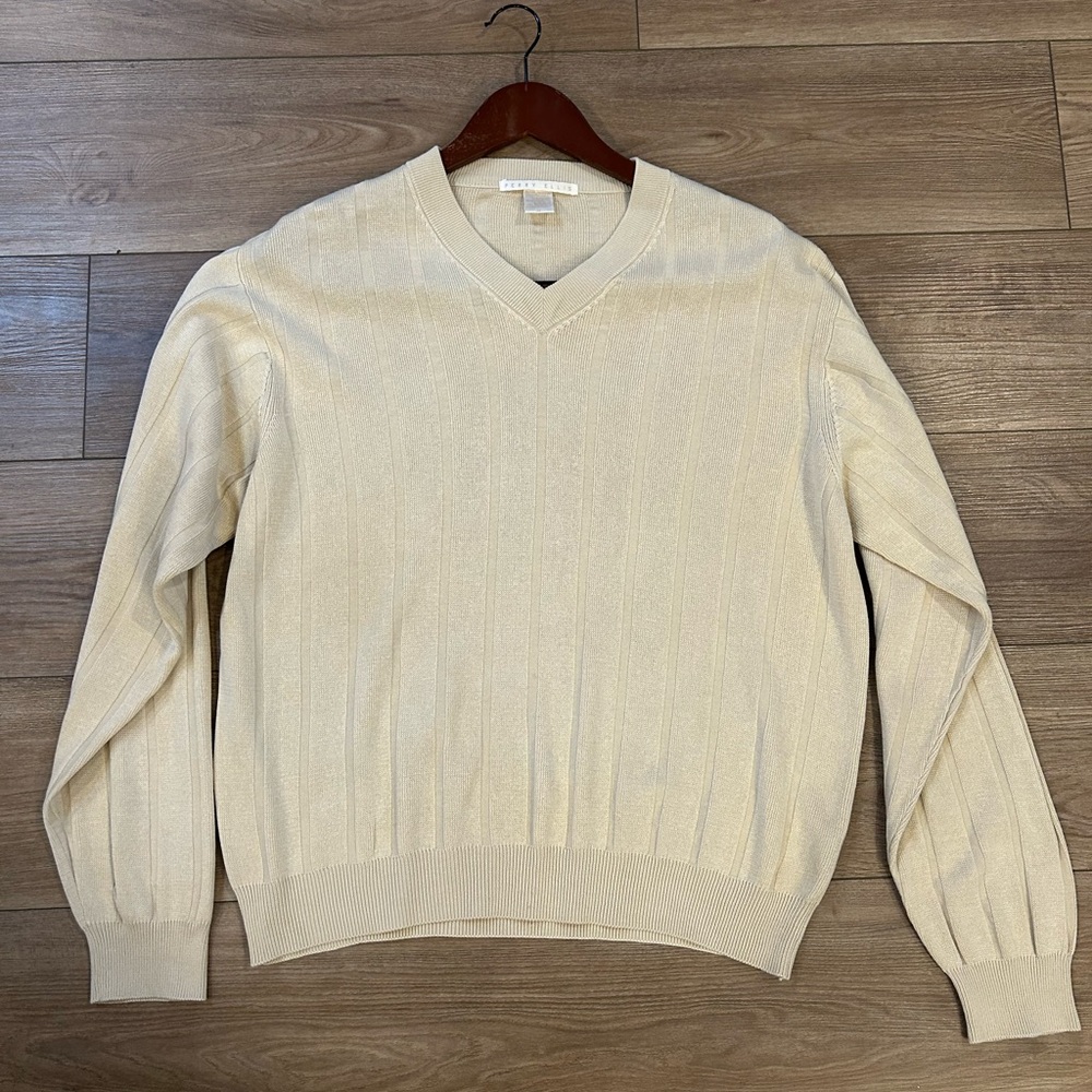 Perry Ellis Silk Cotton V Neck Sweater Cream Ribbed Men’s M